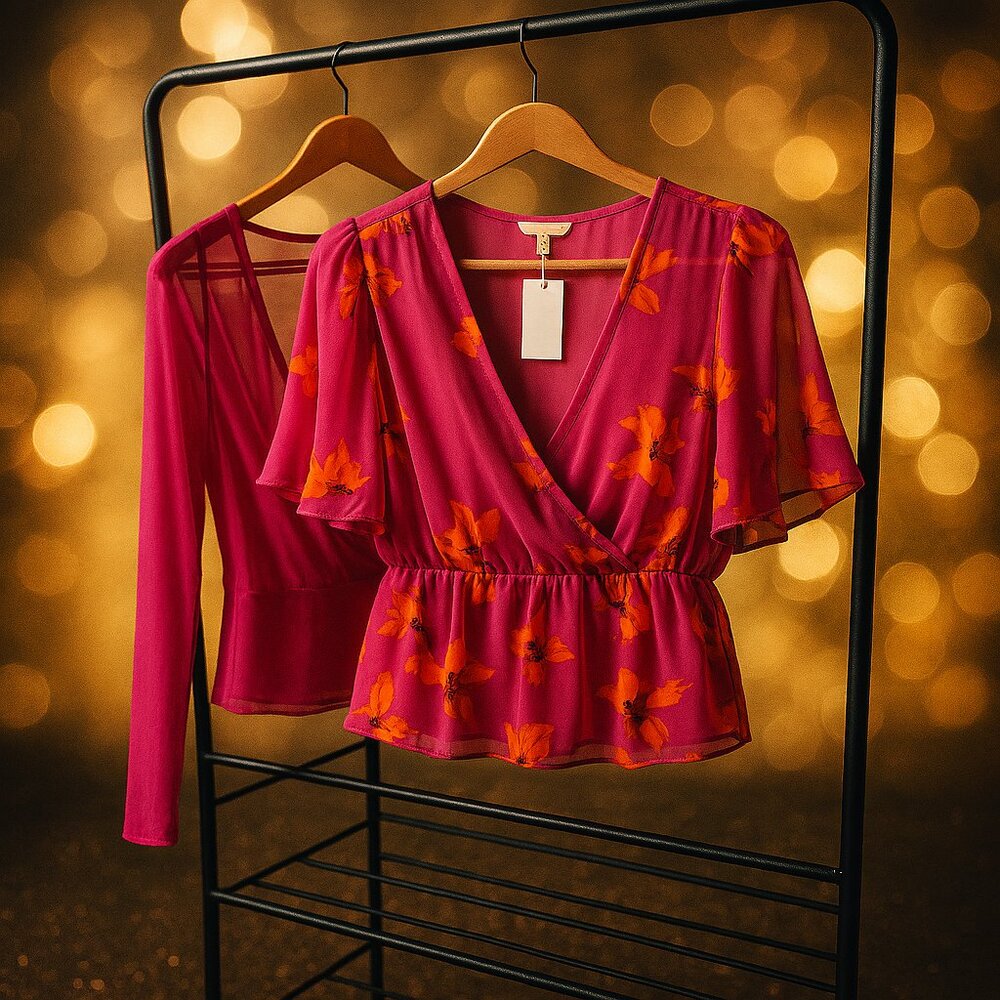 Magenta Muse Duo – NWOT Floral + Sheer Blouses (L & 1X Plus)